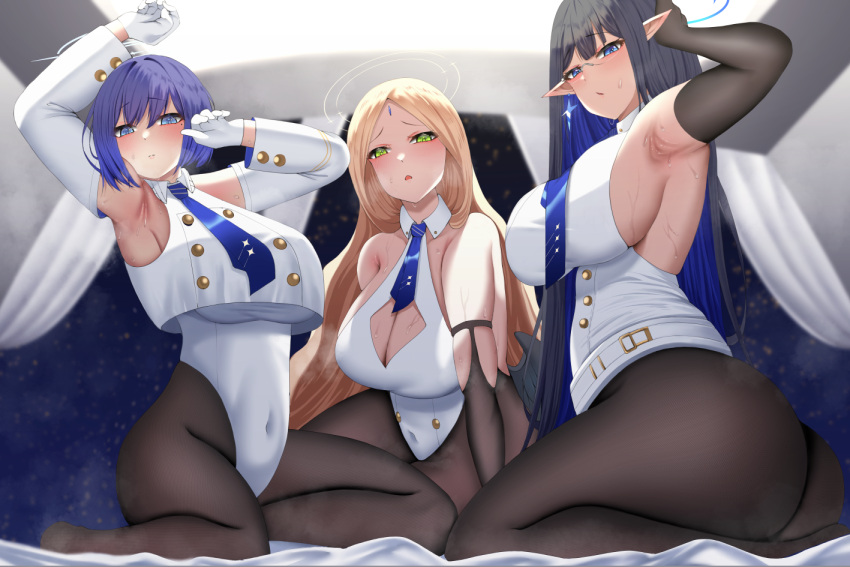 3girls aoi_(blue_archive) armpits ass ayumu_(blue_archive) bad_anatomy bad_arm black_hair black_pantyhose black_wings blonde_hair blue_archive blue_eyes blue_hair blush breasts cleavage closed_mouth colored_inner_hair covered_navel cropped_jacket dress feathered_wings glasses green_eyes jacket large_breasts long_hair looking_at_viewer mole mole_under_eye multicolored_hair multiple_girls pantyhose parted_bangs parted_lips pointy_ears rin_(blue_archive) short_hair tomi27 very_long_hair white_dress white_jacket wings