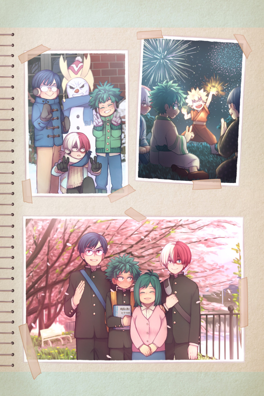 1girl 4boys aged_down all_might alternate_universe bakugou_katsuki black_hair blush boku_no_hero_academia burn_scar character_snowman child closed_eyes closed_mouth coat commentary double_v english_commentary explosion fireworks freckles gakuran green_eyes green_hair hat highres holding holding_notebook iggiesca iida_tenya japanese_clothes kimono long_sleeves looking_at_viewer male_child medium_hair midoriya_inko midoriya_izuku mittens mother_and_son multicolored_hair multiple_boys notebook open_mouth outdoors pants photo_(object) red_eyes red_hair scar scar_on_face scarf school_uniform short_hair sitting smile snowman split-color_hair standing todoroki_shouto two-tone_hair v white_hair