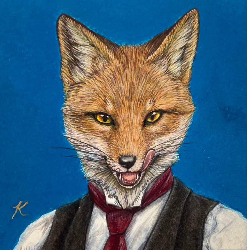 accessory anthro black_nose blue_background canid canine clothing dipstick_ears formal formal_wear fox fur headshot_portrait hi_res icon jacket jacket_vest kaho_nishikawa licking licking_lips male mammal multicolored_ears necktie open_mouth painting_(artwork) portrait realistic_fur red_fox simple_background solo suit_jacket tongue tongue_out topwear traditional_media_(artwork) vest whiskers white_body white_fur yellow_eyes