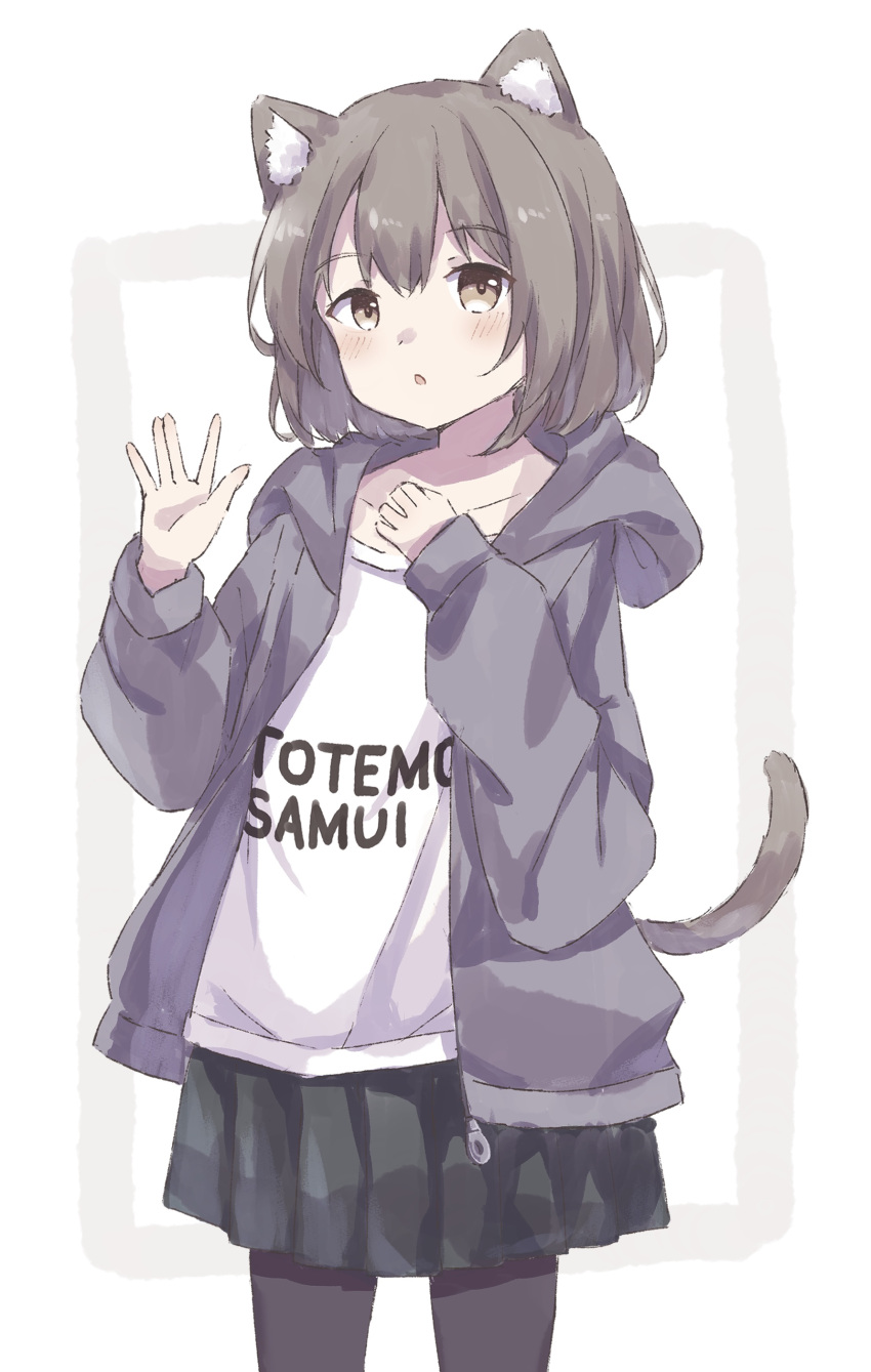 1girl :c \||/ absurdres animal_ear_fluff animal_ears black_pantyhose black_skirt blue_jacket blush cat_ears cat_girl cat_tail collarbone colon_br cowboy_shot dot_nose grey_eyes grey_hair hair_between_eyes hand_up highres hood hood_down hooded_jacket jacket legs_apart long_sleeves looking_at_viewer medium_hair miniskirt open_clothes open_hand open_jacket open_mouth original pantyhose pleated_skirt raised_eyebrows shirt sidelocks skirt solo tail white_shirt