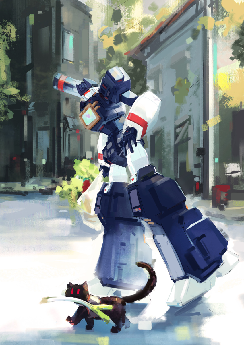 absurdres assault_visor bag cat chinese_commentary daier decepticon food heart highres holding holding_bag leaning_forward mecha open_hand ravage_(transformers) red_eyes robot shoulder_cannon soundwave_(transformers) spring_onion transformers vegetable walking