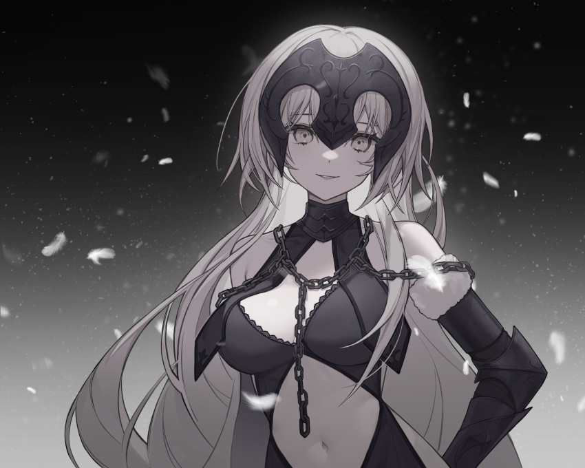 1girl bare_shoulders breasts chain clothing_cutout detached_sleeves dress fate/grand_order fate_(series) fur-trimmed_sleeves fur_trim grey_eyes grin hand_on_own_hip headpiece highres jeanne_d'arc_alter_(avenger)_(fate) jeanne_d'arc_alter_(avenger)_(third_ascension)_(fate) jeanne_d'arc_alter_(fate) long_hair looking_at_viewer medium_breasts navel rcs_4 smile solo stomach stomach_cutout very_long_hair white_hair