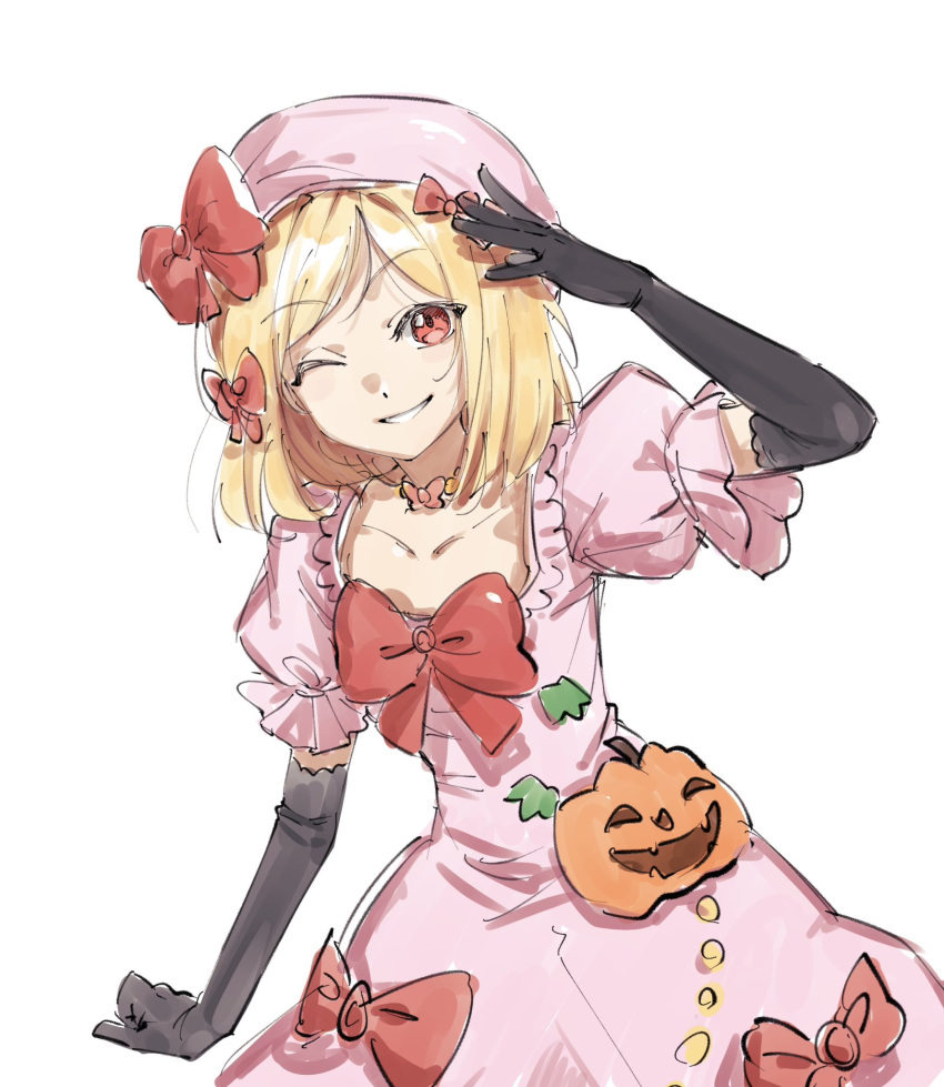 1girl ;d arm_up beret black_gloves blonde_hair bow breasts check_commentary collarbone commentary_request cowboy_shot dress dress_bow elbow_gloves gloves grin hair_bow hat hat_bow highres ihwa0283 jack-o'-lantern korean_commentary lambdadelta looking_at_viewer one_eye_closed pink_dress pink_headwear puffy_short_sleeves puffy_sleeves red_bow red_eyes short_hair short_sleeves simple_background small_breasts smile solo umineko_no_naku_koro_ni white_background witch