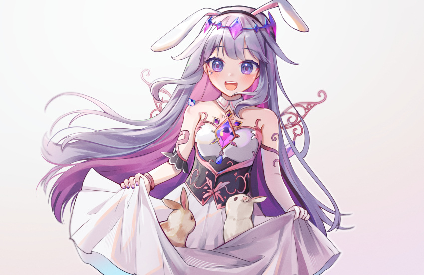 1girl aivysu animal_ears black_hairband blush colored_inner_hair detached_collar dress fake_animal_ears gem grey_hair hairband happy highres hololive hololive_english koseki_bijou long_hair looking_at_viewer multicolored_hair open_mouth pink_hair purple_eyes purple_nails rabbit rabbit_ears simple_background solo upper_body very_long_hair virtual_youtuber white_background wings