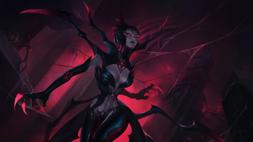 1girl absurdres arthropod_girl black_hair black_lips breasts bug claws cleavage colored_skin cowboy_shot elise_(league_of_legends) english_commentary eyelashes fog glowing glowing_eyes grey_skin highres large_breasts league_of_legends lipstick looking_ahead makeup navel outdoors pillar qi_mang_(qimang) red_eyes short_hair silk solo spider spider_girl spider_web stomach thighs