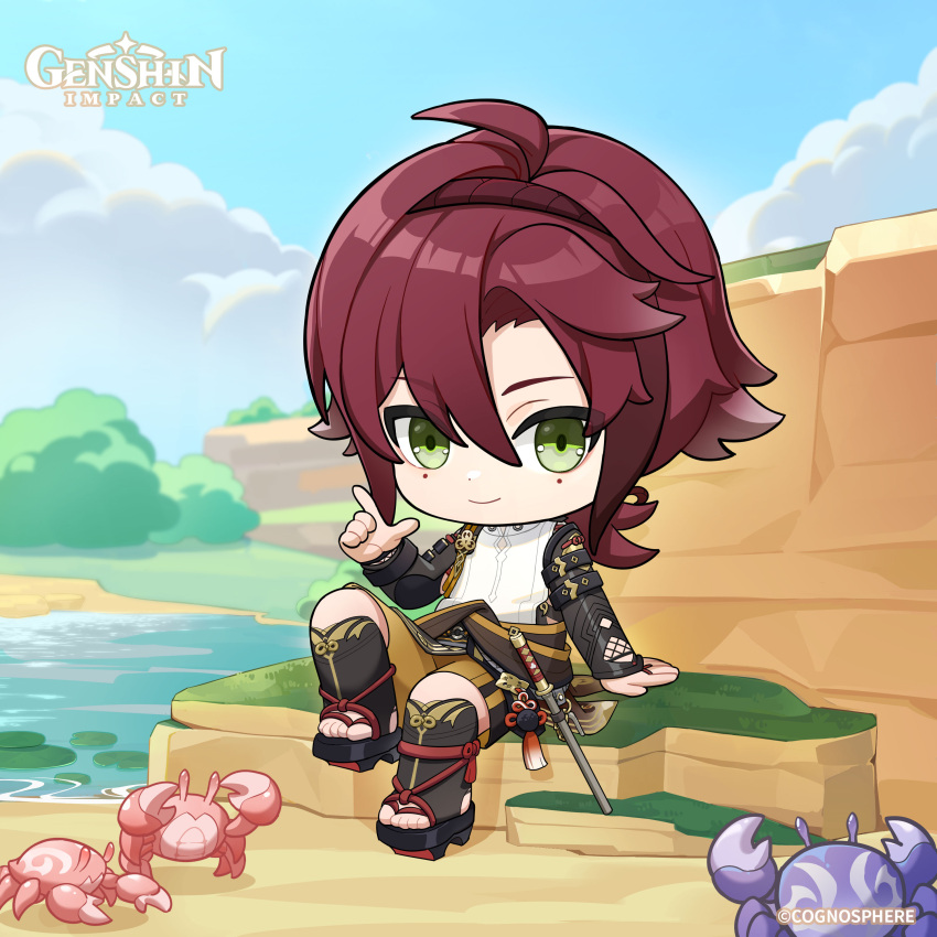 1boy absurdres ahoge armor black_footwear blue_sky blurry blurry_background chibi closed_mouth cloud commentary copyright_name crab day dot_nose english_commentary genshin_impact green_eyes hair_between_eyes hand_up highres japanese_armor knee_up kote kurokote lake light_smile long_hair looking_at_viewer male_focus mole mole_under_eye official_art outdoors parted_bangs shikanoin_heizou shorts sitting sky sword tassel toeless_footwear toes water weapon