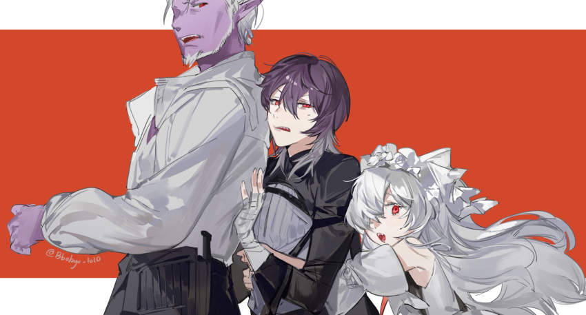 2boys bandaged_hand bandages beard belt black_belt black_pants black_shirt bokyo bow colored_skin dagger dress facial_hair gilzaren_iii hair_bow highres kenmochi_touya knife long_hair morinaka_kazaki multiple_boys nijisanji open_mouth pants pointy_ears purple_hair purple_skin red_eyes shirt sidelocks upper_body very_long_hair weapon white_bow white_dress white_hair white_shirt