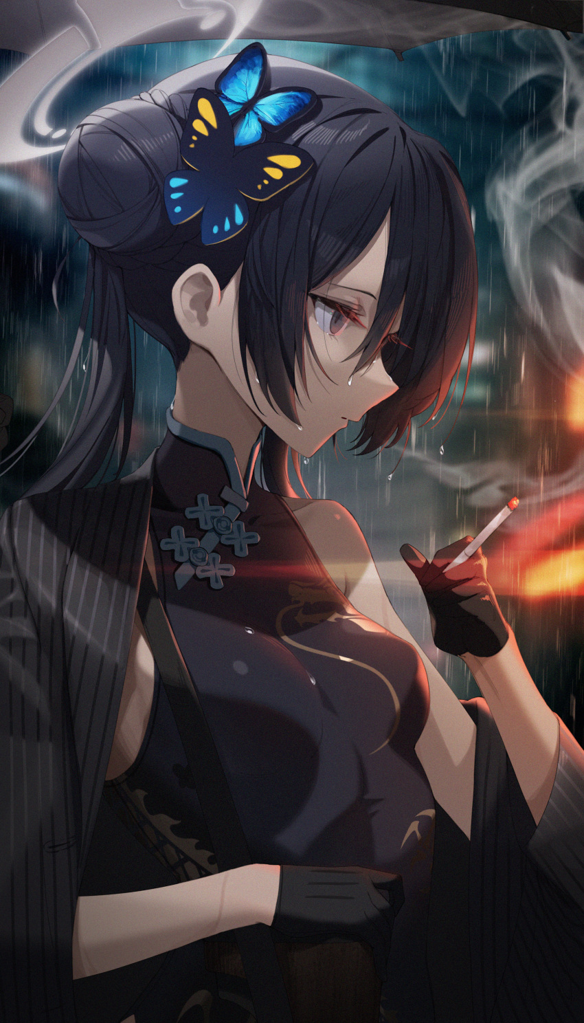 1girl absurdres bare_shoulders black_coat black_dress black_gloves black_hair blue_archive breasts butterfly_hair_ornament china_dress chinese_clothes cigarette coat commentary double_bun dragon_print dress gloves grey_eyes hair_bun hair_ornament half_gloves halo highres holding holding_cigarette kisaki_(blue_archive) kyudong. looking_to_the_side multicolored_hair night rain sleeveless sleeveless_dress small_breasts smoke smoking solo standing twintails vertical-striped_coat wet