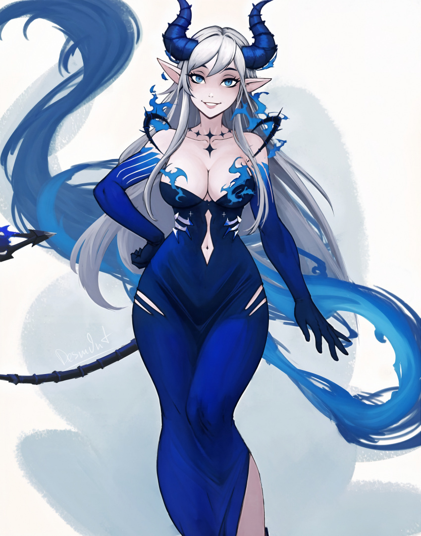 1girl absurdres blue_eyes breasts demon_girl desm0nt full_body hair_between_eyes highres horns iblis_(elsword) instagram_username large_breasts long_hair looking_at_viewer luciela_r._sourcream navel pointy_ears revealing_clothes smile solo standing tail watermark white_hair