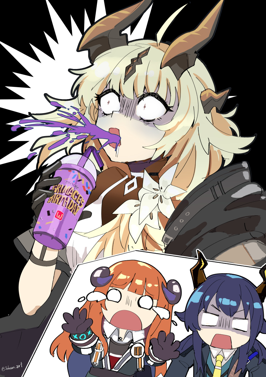 3girls absurdres ahoge arknights bagpipe_(arknights) black_background black_gloves blonde_hair blue_hair ch'en_(arknights) commentary_request constricted_pupils cup disposable_cup dragon_horns dress drinking_straw flower gloves grimace_shake_(meme) hair_flower hair_ornament highres holding holding_cup horns long_hair mcdonald's meme multiple_girls necktie o_o open_mouth orange_hair reed_(arknights) reed_the_flame_shadow_(arknights) short_sleeves sleepyowl_(jobkung15) upper_body very_long_hair white_dress white_flower yellow_necktie