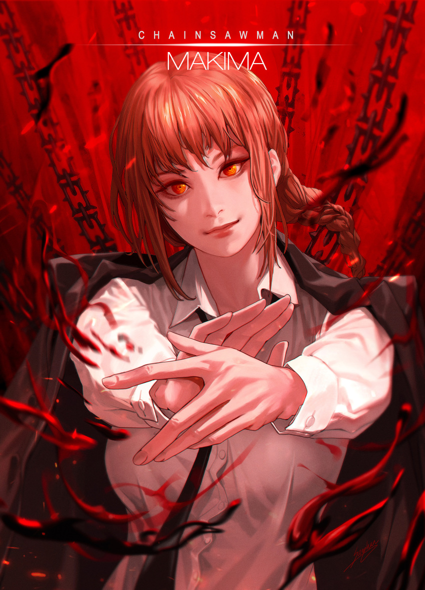 1girl absurdres black_necktie blood blood_splatter braid braided_ponytail business_suit chain chainsaw_man collared_shirt formal highres honey_brush jacket jacket_on_shoulders looking_at_viewer makima_(chainsaw_man) necktie red_background red_hair ringed_eyes shirt suit white_shirt