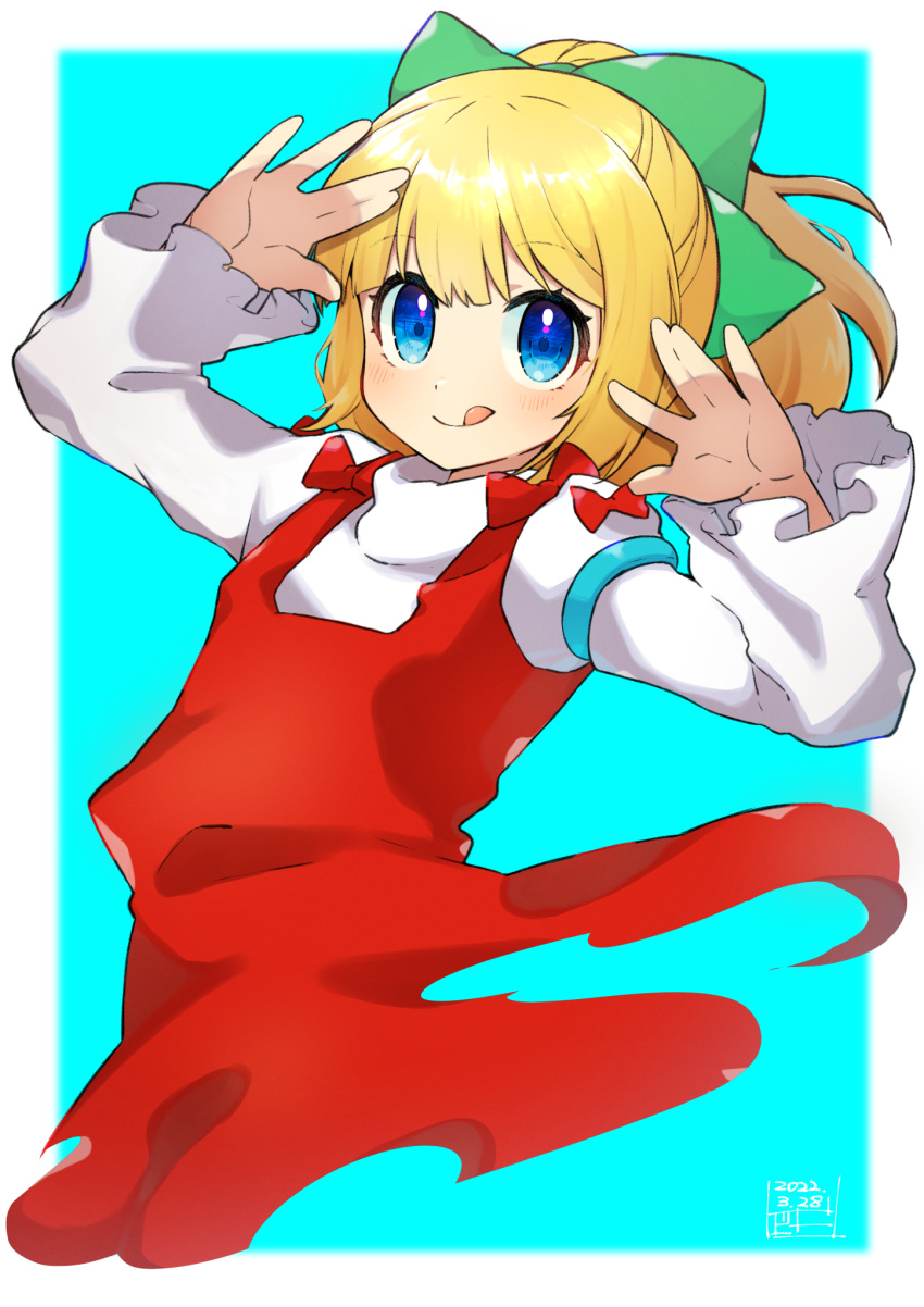 1girl blonde_hair blue_eyes bow closed_mouth green_bow hair_bow highres long_sleeves looking_at_viewer mega_man_(classic) mega_man_(series) roll_(mega_man) short_hair solo tobitori tongue tongue_out