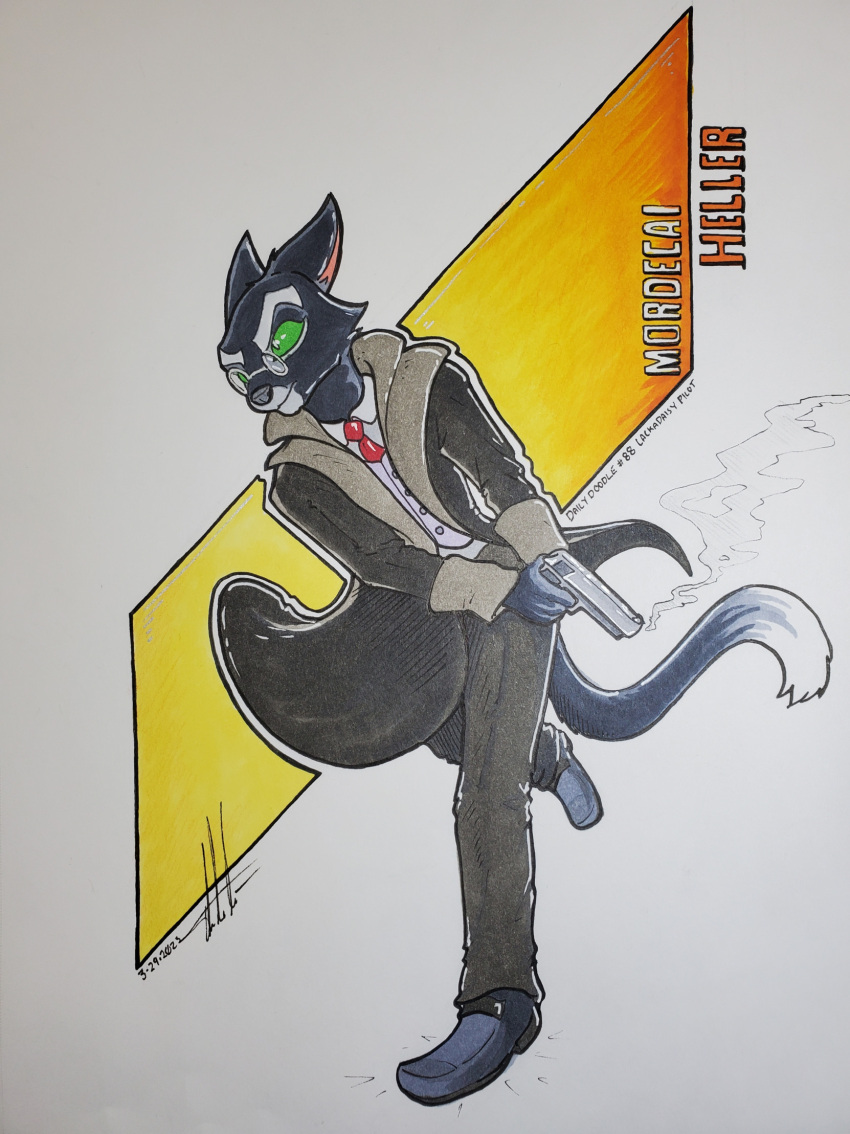 2023 anthro black_body black_fur black_nose clothed clothing commandercross domestic_cat eyewear felid feline felis footwear fur glasses green_eyes gun handgun hi_res lackadaisy male mammal mordecai_heller necktie pistol ranged_weapon shoes solo tail weapon webcomic