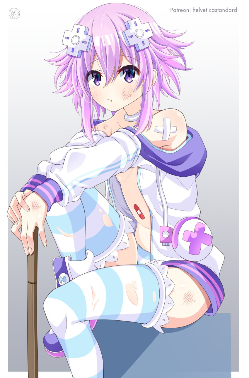 1girl bandaid bare_shoulders blush breasts choker d-pad d-pad_hair_ornament hair_ornament helvetica_std highres hood hooded_jacket jacket long_sleeves looking_at_viewer neptune_(neptune_series) neptune_(series) no_bra open_clothes open_jacket panties pink_hair purple_eyes short_hair simple_background sitting small_breasts solo striped striped_panties striped_thighhighs thighhighs torn_clothes underwear white_choker