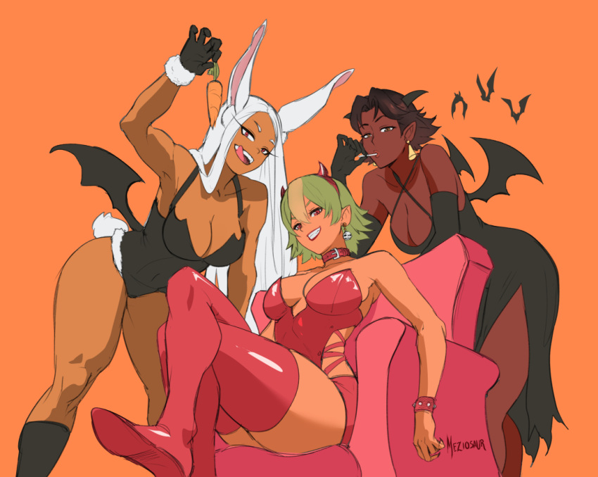 3girls :q alternate_costume animal_ears arm_up artist_name bare_shoulders bat_(animal) bat_wings black_dress black_footwear black_gloves black_leotard boku_no_hero_academia boots breasts brown_eyes brown_hair candy carrot cleavage collar collarbone couch covered_navel criss-cross_halter crossed_legs dangle_earrings dark-skinned_female dark_skin demon_girl demon_horns dress earrings elbow_gloves english_commentary fake_horns fire_emblem fire_emblem_engage fire_emblem_heroes food fur-trimmed_gloves fur_trim gloves green_eyes green_hair grin hair_between_eyes halloween halloween_costume halterneck headband holding holding_candy holding_carrot holding_food holding_lollipop horns jewelry laegjarn_(fire_emblem) large_breasts leaning_forward leaning_on_object leotard licking_lips lollipop long_eyelashes long_hair looking_at_viewer low_wings meziosaur mirko multicolored_hair multiple_girls on_couch orange_background orange_hair parted_bangs rabbit_ears rabbit_girl rabbit_tail red_collar red_eyes red_footwear red_headband red_leotard red_lips seforia_(fire_emblem) short_hair sitting skull_earrings smile strapless strapless_leotard tail teeth thick_thighs thigh_boots thighs toned tongue tongue_out upper_teeth_only very_dark_skin very_long_hair white_hair wings wrist_cuffs
