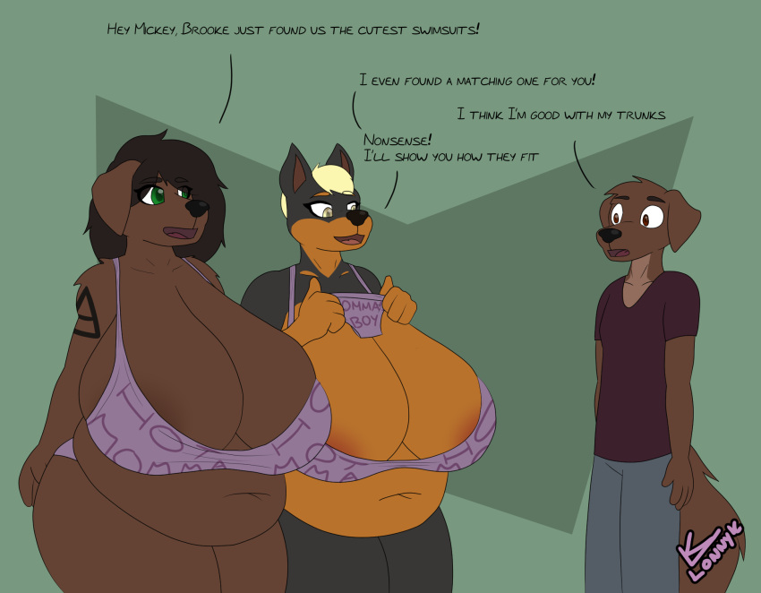 age_difference anthro areola areola_slip belly belly_overhang big_belly big_breasts bikini bird_dog breasts brooke_(gbg) canid canine canis clothing dialogue dobermann domestic_dog english_text female group hi_res huge_breasts hunting_dog labrador lonnyk male male/female mammal mature_female mik_(lonnyk) mother_(lore) mother_and_child_(lore) mother_and_son_(lore) overweight overweight_female parent_(lore) parent_and_child_(lore) parent_and_son_(lore) pinscher retriever son_(lore) sonia_(lonnyk) speedo swimwear text trio