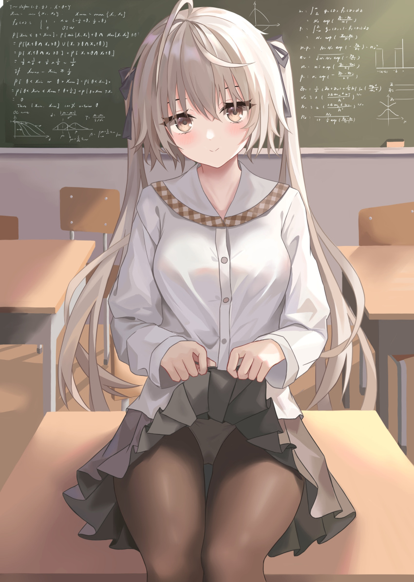 1girl absurdres ahoge black_pantyhose black_ribbon blush breasts brown_eyes buttons classroom closed_mouth clothes_lift commentary cowboy_shot day desk english_commentary eyebrows_hidden_by_hair eyelashes eyes_visible_through_hair grey_skirt hair_between_eyes hair_ribbon head_tilt highres kasugano_sora lifted_by_self light_brown_hair long_hair long_sleeves medium_breasts miniskirt on_desk panties panties_under_pantyhose pantyhose pleated_skirt prelude presenting ribbon sailor_collar school_desk shiny_clothes shirt sitting sitting_on_desk skirt skirt_lift smile solo thigh_gap thighs twintails underwear uniform very_long_hair white_sailor_collar white_shirt yosuga_no_sora