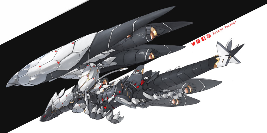 abstract_background aircraft airplane animal_focus artist_name black_background black_sclera colored_sclera commentary dragon english_commentary facebook_logo facebook_username flying from_side full_body highres instagram_logo instagram_username jet jet_engine making-of_available mecha mechanization monster_hunter_(series) no_humans pixiv_logo pixiv_username red_eyes robot simple_background solo speedpaint striped striped_background twitter_logo twitter_username two-tone_background valstrax white_background xezeno