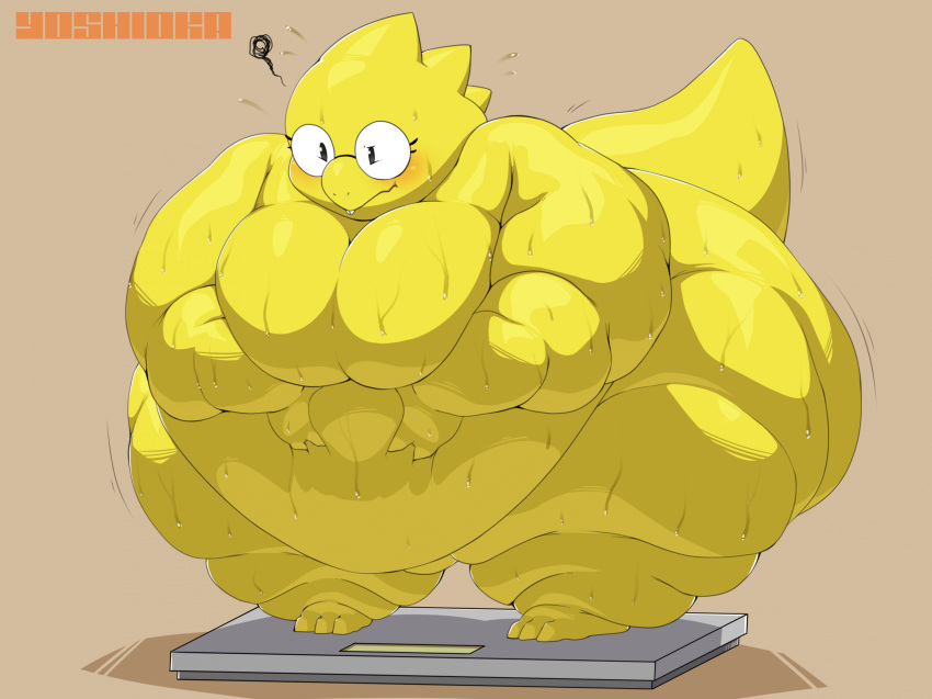 3_fingers 3_toes alphys annoyed anthro belly belly_expansion belly_grab belly_overhang belly_rolls belly_squeeze belly_squish big_belly big_breasts big_butt blush bodily_fluids breast_squish breasts butt butt_jiggle chubby_cheeks expansion fat_rolls feet female fingers glistening glistening_body hi_res huge_breasts huge_butt huge_thighs hyper hyper_butt hyper_thighs jiggling morbidly_obese morbidly_obese_anthro morbidly_obese_female motion_lines nude obese obese_anthro obese_female overweight overweight_anthro overweight_female raised_tail scalie solo squish struggling sweat sweatdrop tail tail_motion thick_arms thick_thighs thigh_jiggle toes undertale_(series) weight_gain yellow_body yosioka_san