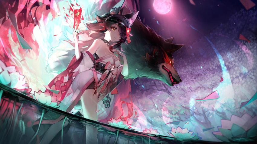 1girl absurdres animal animal_ears black_hair forest hair_over_one_eye highres hololive lily_pad long_hair moon nature one_eye_covered ookami_mio oversized_animal ribiadan talisman virtual_youtuber water wolf wolf_ears wolf_girl yellow_eyes