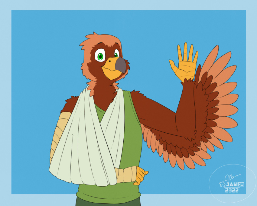 2022 5_fingers accipitrid accipitriform anthro arm_tuft avian beak bird black_eyebrows blue_background border bottomwear brown_body brown_feathers cheek_tuft clothing dipstick_feathers eagle eyebrows facial_tuft feathers fingers flat_colors gesture golden_eagle green_bottomwear green_clothing green_eyes green_shirt green_tank_top green_topwear grey_beak head_tuft looking_at_viewer male neck_tuft outside_border sammfeatblueheart shirt shoulder_tuft signature simple_background sling solo tank_top topwear true_eagle tuft two_tone_beak waving winged_arms wings wrist_tuft yellow_beak