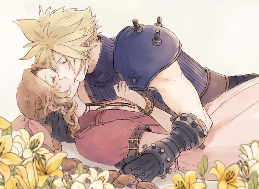 1boy 1girl aerith_gainsborough ancotsubu armor bangle belt black_gloves blonde_hair blue_shirt bracelet braid braided_ponytail brown_belt brown_hair choker closed_eyes cloud_strife couple dress earrings final_fantasy final_fantasy_vii final_fantasy_vii_remake flower flower_choker gloves hair_between_eyes hair_ribbon hand_in_another's_hair hand_on_another's_chest hetero highres jacket jewelry kiss lily_(flower) long_hair parted_bangs pink_dress pink_ribbon red_jacket ribbon shirt short_hair short_sleeves shoulder_armor sidelocks single_bare_shoulder single_braid single_earring sleeveless sleeveless_turtleneck spiked_hair suspenders toned toned_male turtleneck upper_body wavy_hair yellow_flower