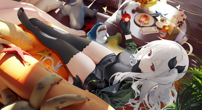 1girl absurdres apple arknights banana bitten_apple black_gloves black_shirt black_shorts black_thighhighs breasts carton couch cup expressionless feet food food_bite from_above fruit full_body gloves green_jacket highres holding holding_food holding_fruit ikea_shark indoors jacket legs looking_at_viewer medium_breasts mug omone_hokoma_agm open_clothes open_jacket orange_(fruit) pancake pancake_stack pillow plant plate red_eyes saucer shirt shorts side_ponytail skadi_(arknights) solo starfish stuffed_animal stuffed_shark stuffed_toy table thighhighs white_hair wooden_floor