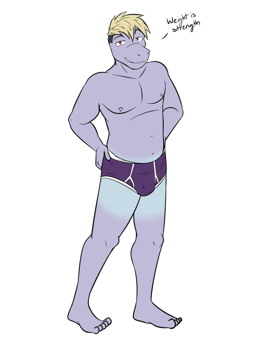3:4 anthro anthrofied briefs briefs_only bulge clothed clothing dialogue english_text full-length_portrait fuze generation_1_pokemon hands_on_hips hi_res machop male navel nintendo nipples pokemon pokemon_(species) pokemorph portrait purple_briefs purple_clothing purple_underwear rex_(fuze) simple_background slightly_chubby solo suntan tan_line text topless underwear underwear_only white_background
