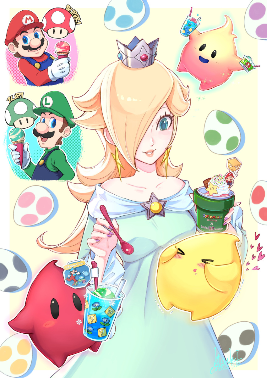 &gt;_&lt; 1-up_mushroom 1girl 2boys absurdres bare_shoulders baskin-robbins blonde_hair blue_dress blue_eyes blue_overalls blush brooch brown_hair collarbone crown dress earrings eyelashes facial_hair food green_headwear green_shirt hair_over_one_eye hat heart highres holding holding_food holding_ice_cream hungry_luma_(super_mario_galaxy) ice_cream ice_cream_cone ice_cream_spoon jewelry long_sleeves luigi luma_(mario) mario mario_(series) multiple_boys mustache off-shoulder_dress off_shoulder overalls parted_lips pink_nails red_headwear red_shirt rosalina shirt smile spoon star_(symbol) star_brooch star_earrings super_mario_galaxy super_mushroom super_star_(mario) tsuki_(applebeniakari) warp_pipe yoshi_egg