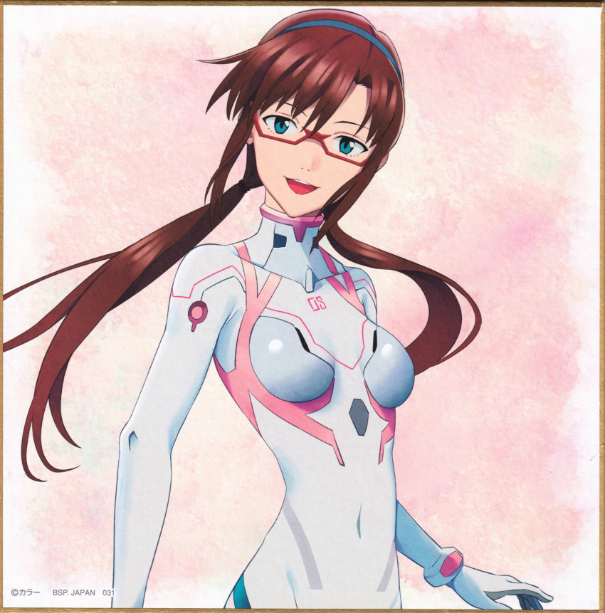 1girl :d absurdres artist_request asymmetrical_bangs blue_eyes bodysuit breasts brown_hair covered_navel evangelion:_3.0+1.0_thrice_upon_a_time glasses hairband happy headband highres long_hair looking_at_viewer makinami_mari_illustrious medium_breasts neon_genesis_evangelion official_alternate_costume official_art open_mouth pilot_suit plugsuit rebuild_of_evangelion red-framed_eyewear scan simple_background smile solo standing teeth twintails upper_teeth_only white_bodysuit