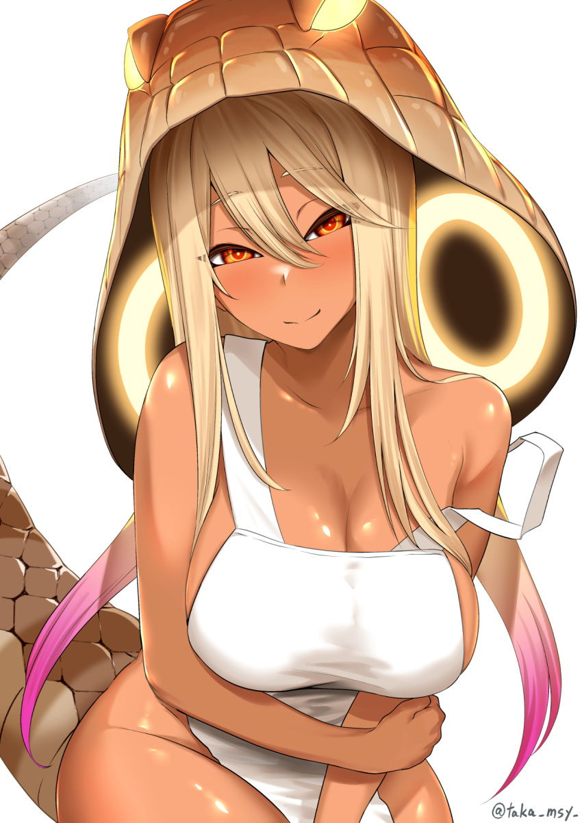 1girl aged_up alternate_breast_size animal_hood apron blonde_hair blush breasts cleavage closed_mouth collarbone cowboy_shot detached_hood glowing glowing_clothes groin hair_between_eyes hand_on_own_arm head_tilt highres hood huge_breasts kashisu_mint kemono_friends king_cobra_(kemono_friends) leaning_forward long_hair looking_at_viewer mature_female multicolored_eyes multicolored_hair naked_apron orange_eyes parted_bangs pink_hair print_hood red_eyes ringed_eyes seductive_smile shiny_skin simple_background smile snake_hood snake_print snake_tail solo strap_slip tail tan twintails twitter_username two-tone_hair very_long_hair white_apron white_background yellow_pupils