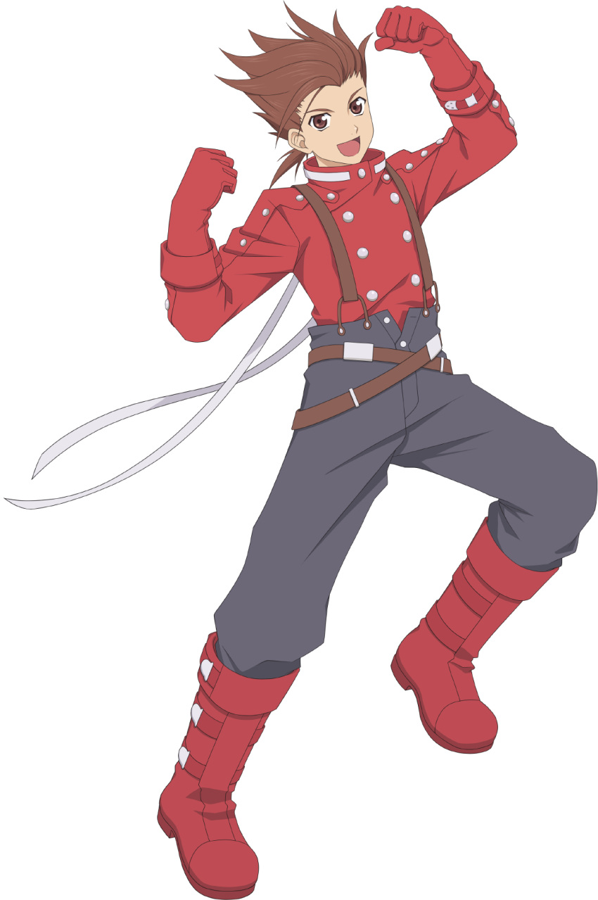 1boy boots buttons clenched_hands english_commentary full_body gloves highres lloyd_irving looking_at_viewer male_focus official_art open_mouth pants red_footwear red_gloves smile solo suspenders tales_of_(series) tales_of_asteria tales_of_symphonia transparent_background