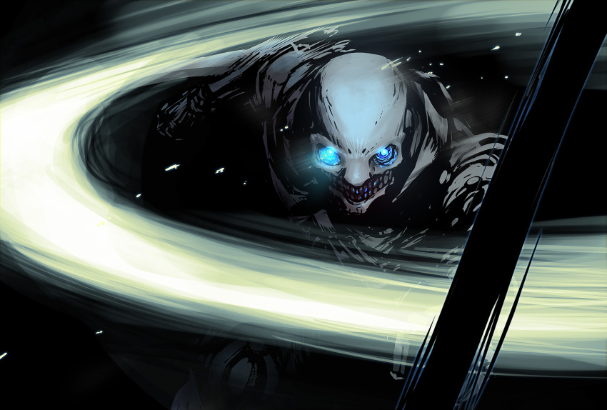 arm_blade blame! blue_eyes cyborg dark_background glowing glowing_eyes highres looking_at_viewer mask motion_blur motion_lines schiff_(blame!) silicon_creature_(blame!) skull_mask weapon zaz