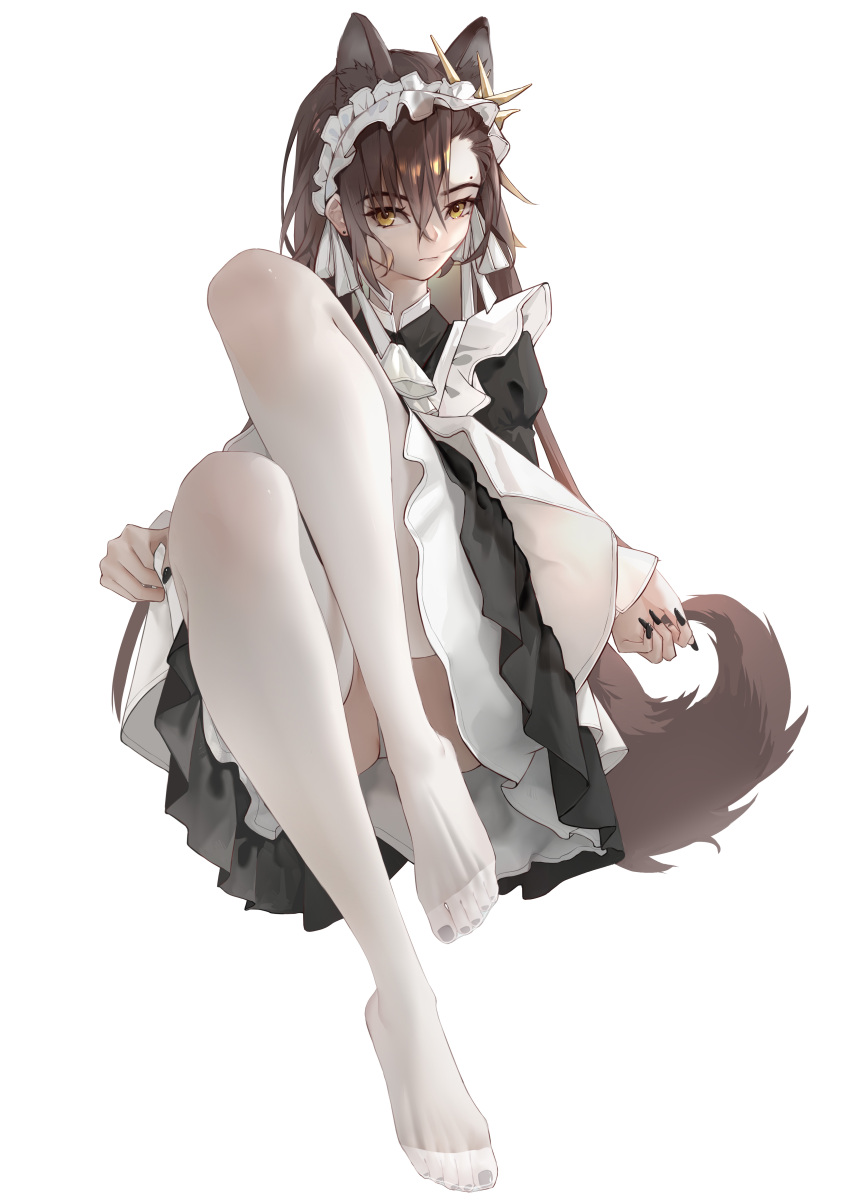 1girl absurdres alternate_costume animal_ears arknights black_dress brown_hair dress enmaided extra_ears hair_between_eyes highres long_hair looking_at_viewer maid maid_headdress mole mole_above_mouth nail_polish no_shoes penance_(arknights) puppy_(user_kfpt4478) simple_background solo tail thighhighs toenail_polish toenails white_background white_thighhighs wolf_ears wolf_girl wolf_tail yellow_eyes