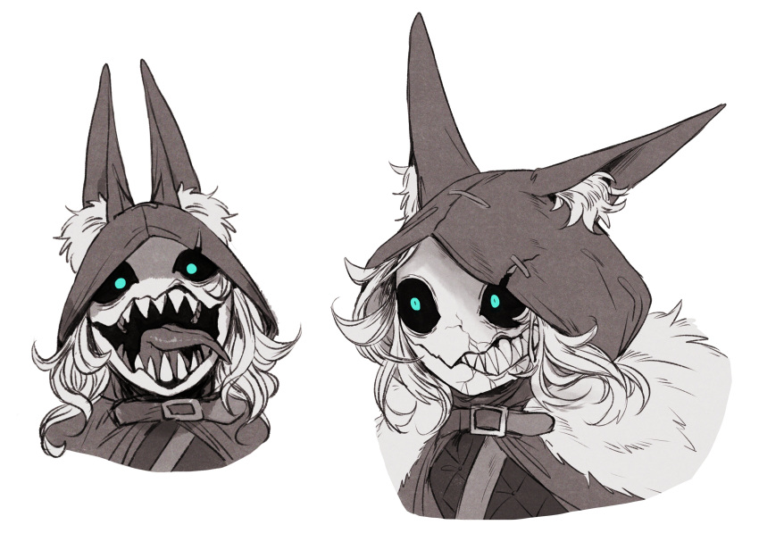 0ud0ntabetabe 1boy absurdres animal_ear_fluff animal_hood bags_under_eyes black_sclera blue_eyes cloak colored_sclera cracked_mask ear_down evil_smile expressions fur-trimmed_cloak fur_trim highres hood hood_up identity_v ithaqua_(identity_v) long_tongue looking_afar looking_at_viewer male_focus mask medium_hair monochrome monster_boy multiple_views open_mouth portrait sharp_teeth simple_background smile spot_color teeth tongue