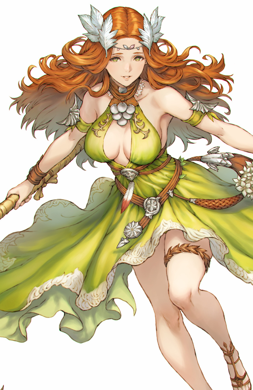 1girl absurdres bare_shoulders belt breasts brown_footwear circlet cleavage cleavage_cutout clothing_cutout collarbone detached_sleeves dress feathers final_fantasy final_fantasy_xiv floating_hair foot_out_of_frame forehead green_dress green_eyes hair_ornament halter_dress halterneck highres holding large_breasts leaf_hair_ornament long_hair looking_at_viewer makimura_shunsuke nophica orange_hair parted_lips pink_pupils revision sandals sideboob simple_background sleeveless sleeveless_dress smile solo thigh_strap wavy_hair white_background wristband