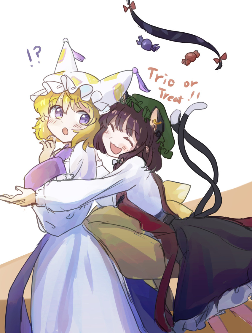 !? 2girls :o absurdres animal_ear_piercing animal_ears blonde_hair blue_tabard breasts brown_hair candy cat_ears cat_tail chen closed_eyes dress earrings english_text engrish_text extra_ears feet_out_of_frame food fox_ears fox_tail frills from_side gap_(touhou) hand_up hands_up happy hat highres hug hug_from_behind jewelry leaning_forward long_sleeves looking_at_another looking_to_the_side minus_(sr_mineka) mob_cap multiple_girls multiple_tails nekomata open_mouth puffy_long_sleeves puffy_sleeves purple_eyes ranguage short_hair simple_background single_earring small_breasts smile surprised tabard tail touhou two_tails white_background white_dress yakumo_ran