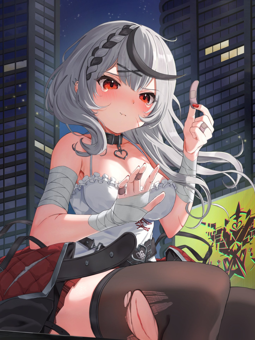 1girl 339_akano bandaged_arm bandaged_hand bandages bandaid bandaid_on_hand bare_shoulders black_collar black_hair blood blush braid brown_thighhighs camisole closed_mouth collar commentary ear_piercing floating_hair frilled_camisole frills grey_hair hair_ornament heart_pendant highres holding_bandaid hololive injury jacket jacket_removed long_hair miniskirt multicolored_hair night outdoors piercing plaid plaid_skirt pout red_eyes red_nails red_skirt sakamata_chloe skirt solo streaked_hair tears thighhighs torn_clothes torn_thighhighs virtual_youtuber white_camisole x_hair_ornament