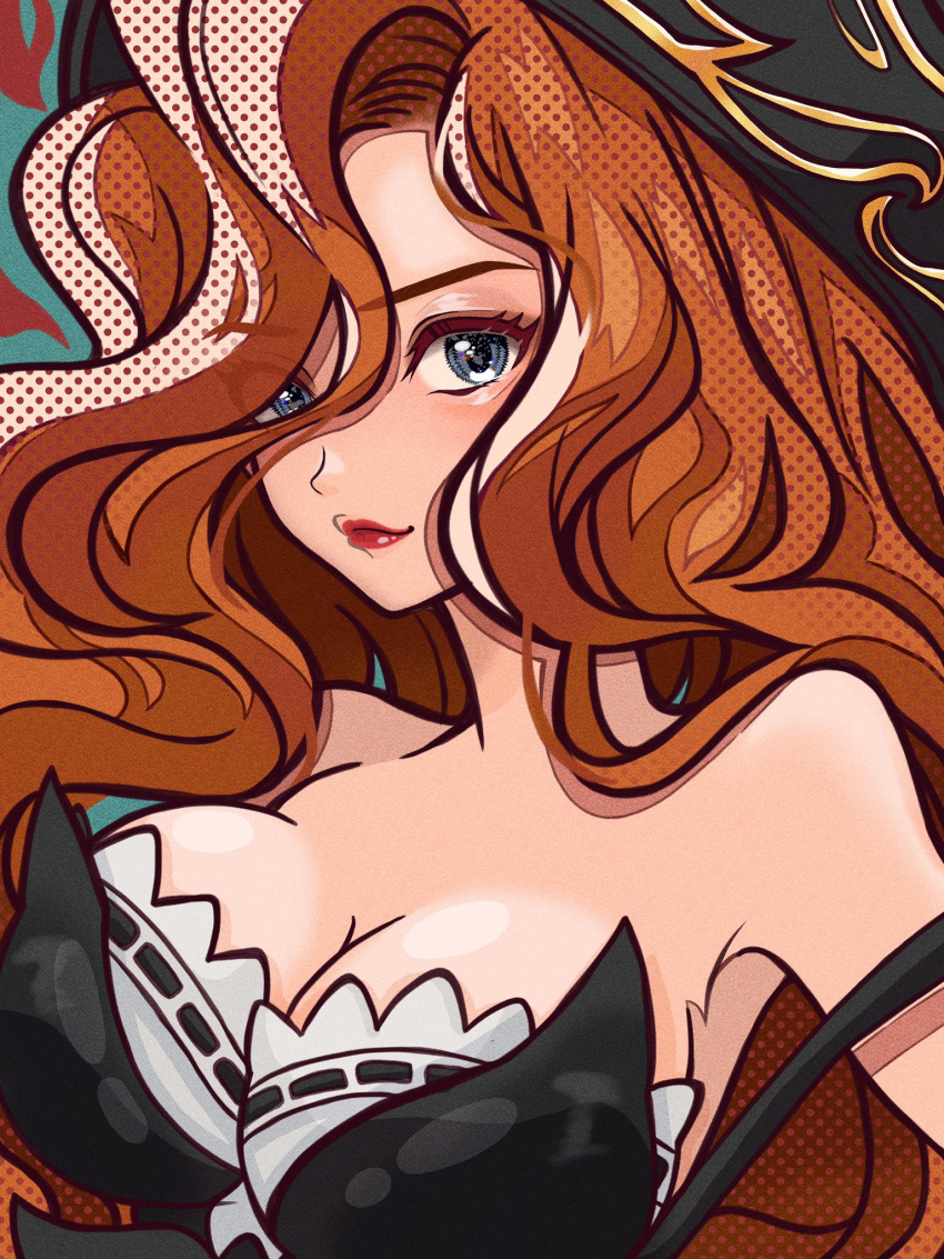 1girl bare_shoulders blue_eyes breasts cleavage eyes_visible_through_hair hair_over_one_eye hat highres kawaguti_kappa large_breasts league_of_legends lipstick long_hair looking_at_viewer makeup miss_fortune_(league_of_legends) orange_hair pirate_hat red_lips simple_background smile solo upper_body