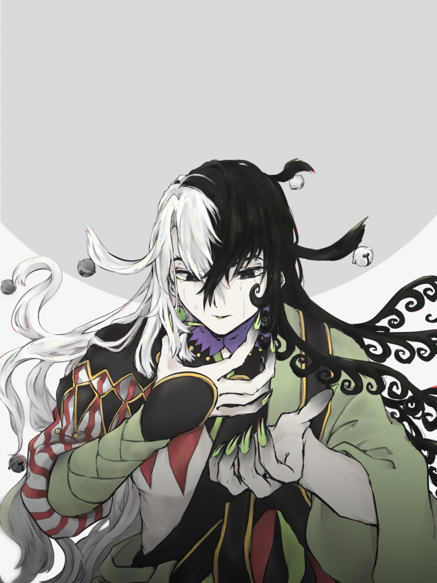 1boy asa_yaroo ashiya_douman_(fate) bell black_eyes black_hair commentary_request crying earrings fate/grand_order fate_(series) fingernails green_nails hair_bell hair_ornament highres japanese_clothes jewelry long_fingernails long_hair male_focus multicolored_hair simple_background solo upper_body white_hair