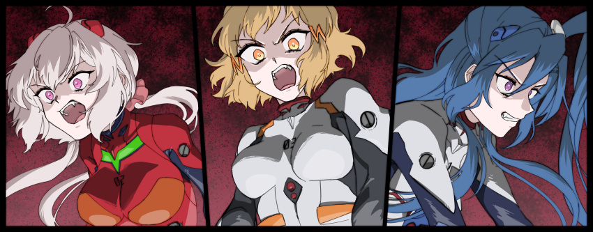 3girls absurdres ahoge antenna_hair ayanami_rei ayanami_rei_(cosplay) blonde_hair blue_hair clenched_teeth cosplay crossover hair_ornament highres ikari_shinji ikari_shinji_(cosplay) interface_headset kazanari_tsubasa long_hair low_twintails multiple_girls neon_genesis_evangelion open_mouth pink_eyes plugsuit pojitaro purple_eyes senki_zesshou_symphogear short_hair side_ponytail sidelocks souryuu_asuka_langley souryuu_asuka_langley_(cosplay) split_screen tachibana_hibiki_(symphogear) teeth twintails upper_body white_hair yellow_eyes yukine_chris