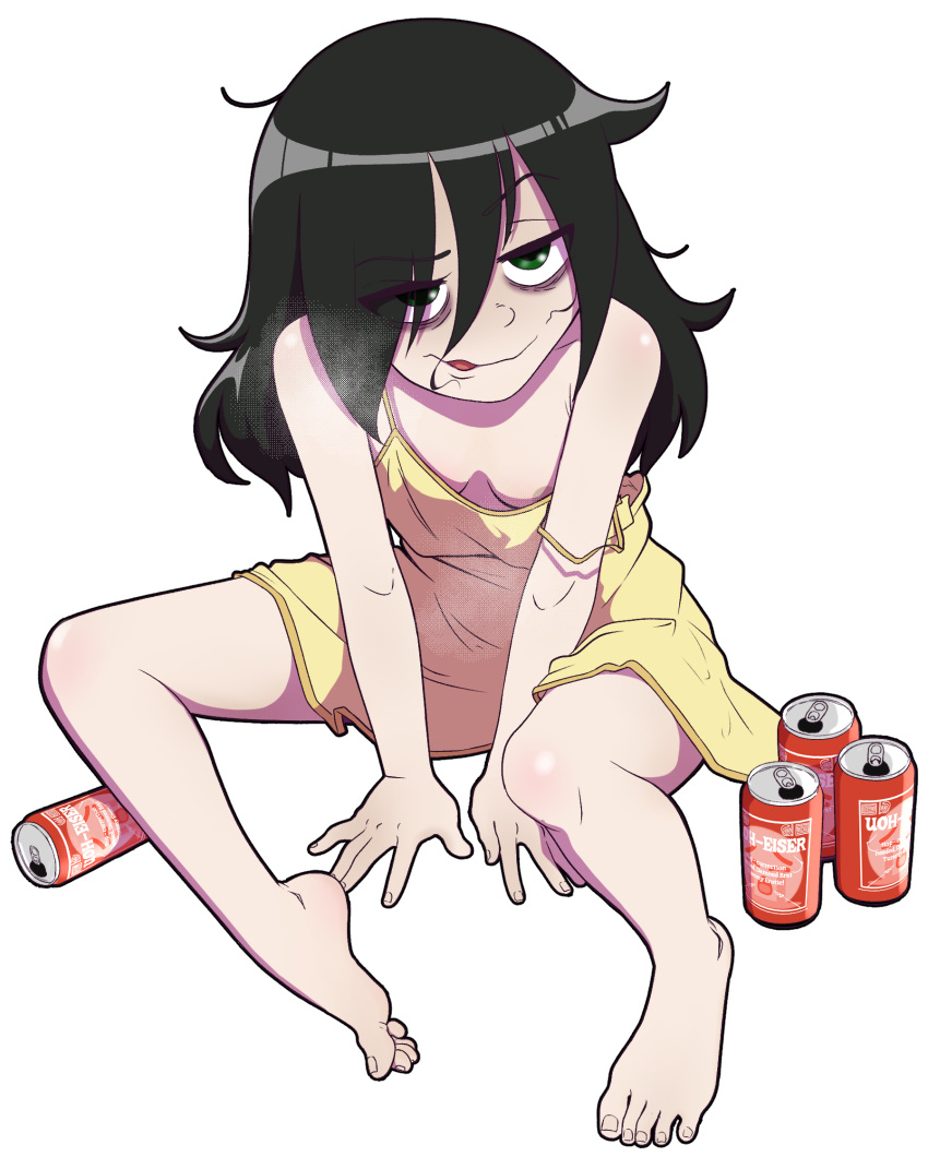 1girl ahoge alcohol alpha_transparency areola_slip bags_under_eyes barefoot beer beer_can black_hair breasts can commentary death_by_lolis dress drunk english_commentary eyes_visible_through_hair green_eyes hair_over_one_eye heavy_breathing highres kuroki_tomoko long_hair meme messy_hair open_mouth sitting small_breasts solo tongue transparent_background uohhhhhhhhh!_(meme) watashi_ga_motenai_no_wa_dou_kangaetemo_omaera_ga_warui! yellow_dress