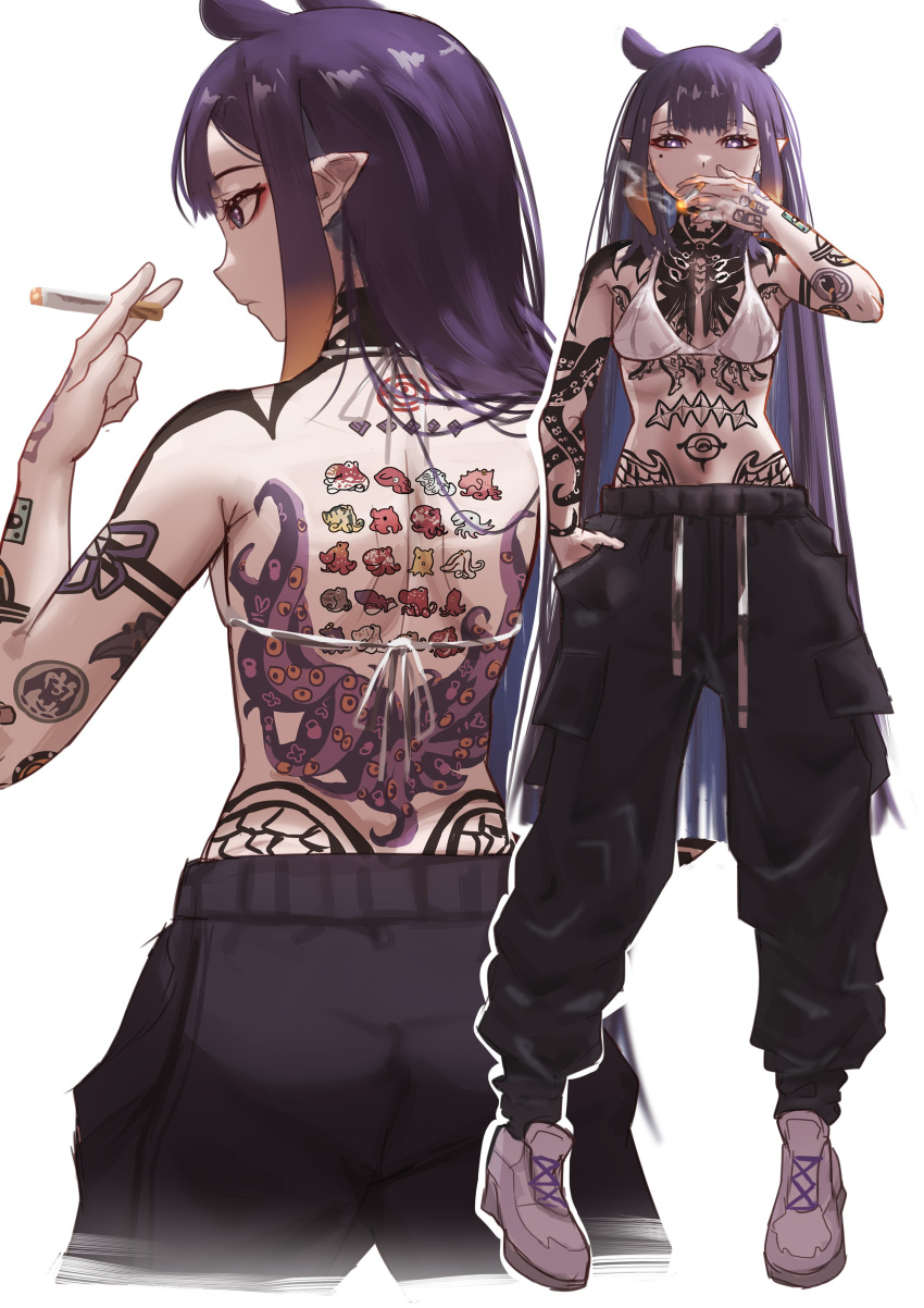 1girl absurdres arm_tattoo back_tattoo black_pants bra breasts cigarette eyeshadow hand_in_pocket hh_(hehexd06161704) highres holding holding_cigarette hololive hololive_english long_hair makeup mole mole_under_eye ninomae_ina'nis octopus_tattoo pants pointy_ears projected_inset purple_eyes purple_hair red_eyeshadow small_breasts smoking stomach_tattoo tattoo underwear very_long_hair virtual_youtuber white_bra white_footwear wing_tattoo