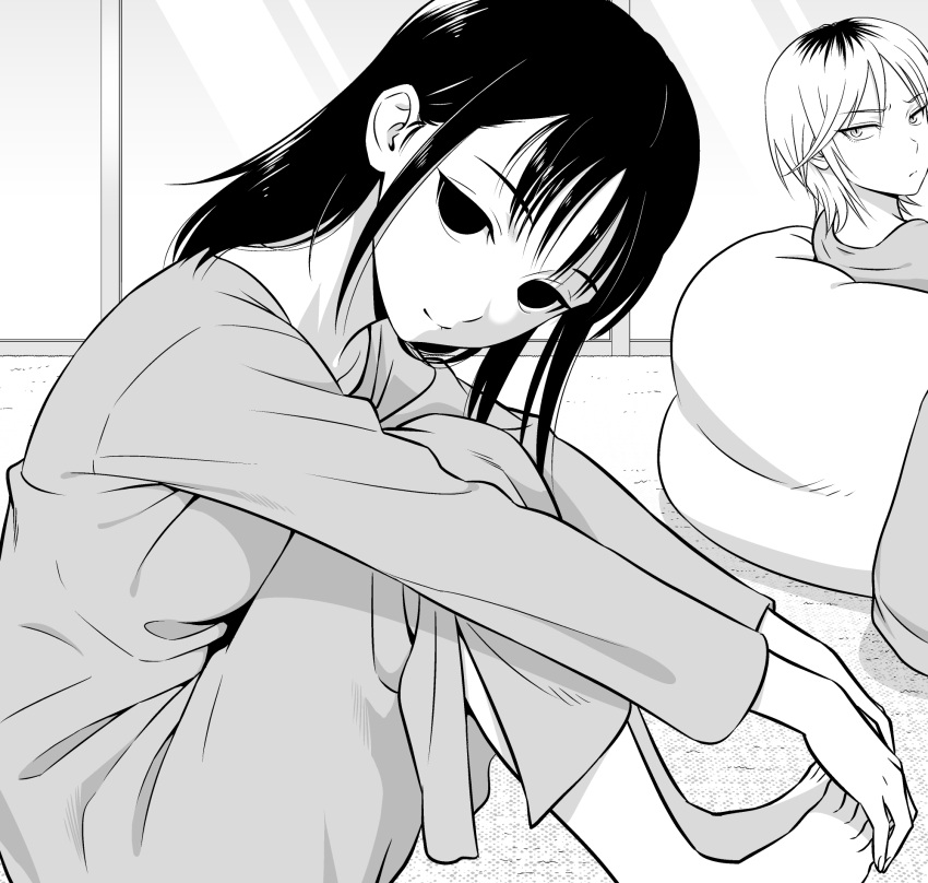 2girls barefoot bean_bag_chair commentary_request empty_eyes greyscale hands_on_own_feet highres ichikawa_masahiro light_frown long_hair long_sleeves looking_at_viewer looking_to_the_side mima_sachi monochrome multiple_girls on_floor short_hair side_slit sitting smile watashi_ga_motenai_no_wa_dou_kangaetemo_omaera_ga_warui! window yoshida_masaki