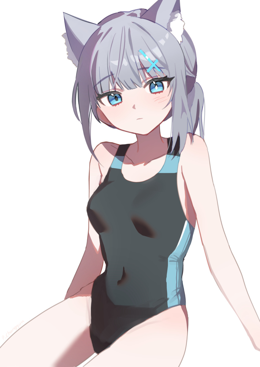 1girl absurdres animal_ear_fluff animal_ears black_one-piece_swimsuit blue_archive blue_eyes breasts competition_swimsuit covered_navel cowboy_shot cross_hair_ornament extra_ears grey_hair hair_ornament halo highres low_ponytail medium_hair mismatched_pupils multicolored_clothes multicolored_swimsuit official_alternate_costume one-piece_swimsuit p_changgun shiroko_(blue_archive) shiroko_(swimsuit)_(blue_archive) simple_background sitting small_breasts solo swimsuit white_background wolf_ears
