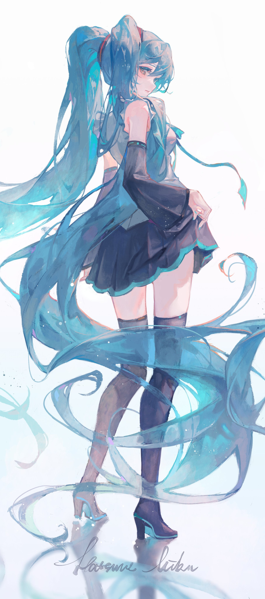 1girl absurdly_long_hair absurdres aqua_eyes aqua_hair black_sleeves breasts character_name closed_mouth clothes_lift crossed_bangs detached_sleeves from_behind full_body grey_shirt hair_between_eyes hatsune_miku high_heels highres lifted_by_self long_hair long_sleeves looking_at_viewer looking_back maccha_(mochancc) pleated_skirt shirt simple_background skindentation skirt skirt_lift sleeveless sleeveless_shirt small_breasts solo standing thighhighs twintails very_long_hair vocaloid white_background wide_sleeves