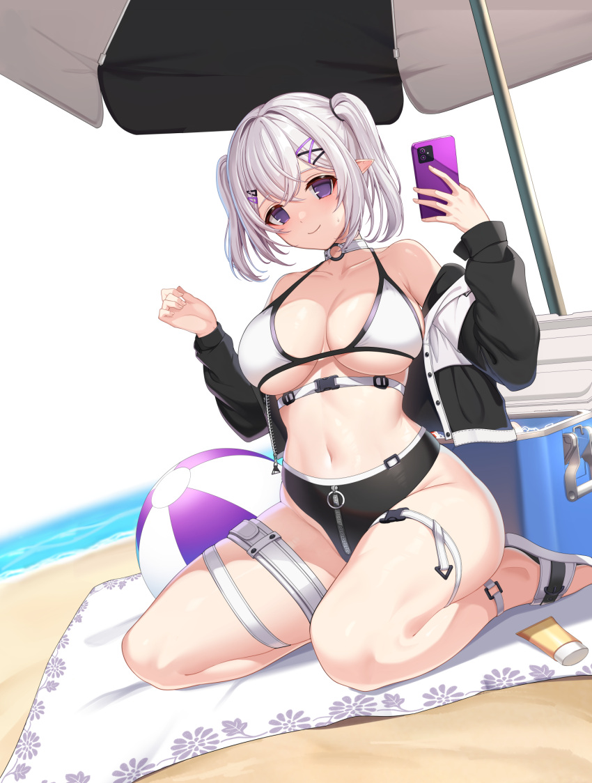 1girl ball bare_shoulders beach beach_mat beach_umbrella beachball belt bikini black_bikini black_jacket breasts cellphone choker cleavage closed_mouth closers cooler cropped_jacket crotch_zipper hair_ornament hairclip halterneck hands_up highres holding holding_phone jacket large_breasts levia_(closers) long_hair long_sleeves looking_at_viewer mismatched_bikini navel off_shoulder official_art open_clothes open_jacket phone pointy_ears purple_eyes seiza sitting slippers smartphone smile solo stomach string_bikini sweatdrop swimsuit thigh_strap thighs umbrella white_bikini white_choker white_hair zipper