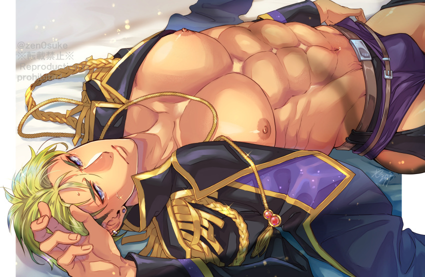 1boy abs absurdres bara bare_pectorals belt black_jacket brown_belt closed_mouth dark-skinned_male dark_skin earrings green_hair highres jacket jewelry king_of_prism_by_prettyrhythm large_pectorals lying male_focus muscular muscular_male navel nipples on_back open_clothes open_jacket pectorals pretty_(series) pretty_rhythm purple_eyes short_hair solo yamato_alexander zero_q