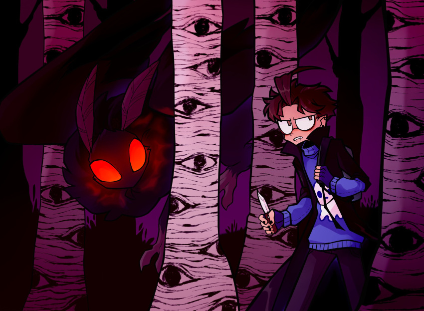 ahoge ambiguous_gender antennae_(anatomy) anthro arthropod black_body black_fur black_hair clothed clothing cryptid detailed_background dib_membrane duo fully_clothed fur g4cruf0 glowing glowing_eyes hair hi_res holding_knife holding_object human insect invader_zim invader_zim:_enter_the_florpus! knife lepidopteran mammal moth mothman nickelodeon plant red_eyes sweater topwear tree
