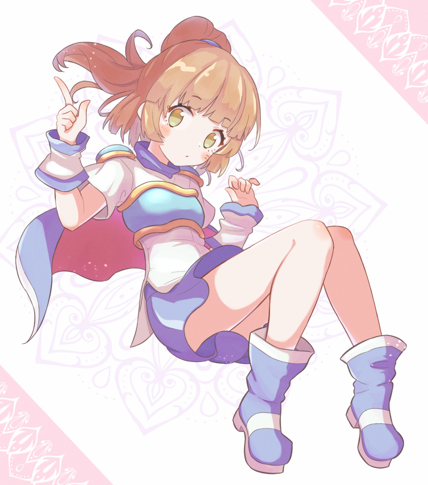 1girl arle_nadja armor blue_cape blue_footwear blue_skirt blush breastplate brown_eyes brown_hair cape floating full_body highres index_finger_raised jazz_grace madou_monogatari parted_lips ponytail puyopuyo shirt shoulder_armor skirt solo white_shirt white_wrist_cuffs